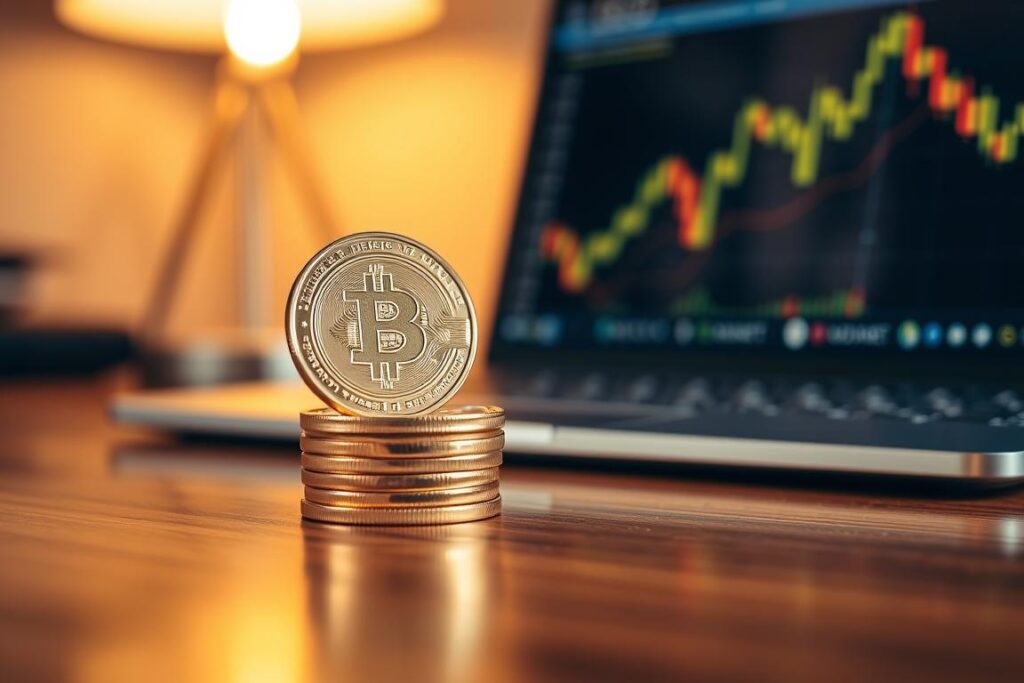A close-up view of a stack of shiny, golden cryptocurrency coins, prominently featuring the Bitcoin symbol on top, signifying investment in digital assets. The coins are arranged neatly on a polished wooden table, reflecting the soft, warm glow of ambient lighting from a nearby lamp, creating a cozy but serious atmosphere. In the background, a blurred laptop screen displays fluctuating cryptocurrency charts, hinting at the volatility of the market. The overall mood is one of caution and reflection, emphasizing the theme of careful financial decision-making. Shot with a shallow depth of field to focus on the coins, creating a sense of intimacy and urgency.