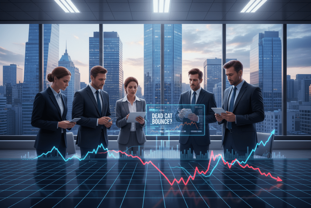 A concept illustration depicting the "Dead Cat Bounce" phenomenon in financial markets. In the foreground, a stylized line graph displays fluctuating stock prices, with a dramatic upward spike after a significant drop, symbolizing the bounce. In the middle ground, an office setting with a diverse group of professionals in business attire, discussing financial charts and looking thoughtfully at a digital screen showing market trends. The background features a large window with a city skyline, creating a sense of urgency and pace in the financial district. The lighting is bright and professional, casting soft shadows, while the angle focuses on a close-up of the graph and the engaged expressions of the professionals. The mood is one of analysis and reflection on market behaviors.