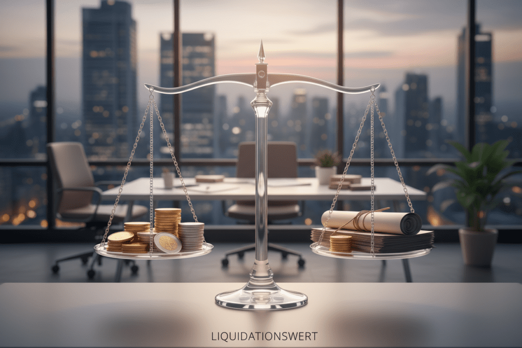 A concept image illustrating "Liquidationswert," showcasing an abstract representation of financial valuation during liquidation. In the foreground, a transparent glass scale balances a stack of coins on one side and legal documents on the other, symbolizing the balance between financial assets and legal considerations. In the middle ground, a subtle silhouette of an office environment with a desk and some paperwork can be seen, reflecting a professional atmosphere. The background features a soft-focus cityscape, indicating a business-oriented setting. The lighting is soft and warm, highlighting the scale and documents, creating a contemplative mood. The entire composition conveys an aura of professionalism and clarity, ideal for a financial topic. A concept image illustrating "Liquidationswert," showcasing an abstract representation of financial valuation during liquidation. In the foreground, a transparent glass scale balances a stack of coins on one side and legal documents on the other, symbolizing the balance between financial assets and legal considerations. In the middle ground, a subtle silhouette of an office environment with a desk and some paperwork can be seen, reflecting a professional atmosphere. The background features a soft-focus cityscape, indicating a business-oriented setting. The lighting is soft and warm, highlighting the scale and documents, creating a contemplative mood. The entire composition conveys an aura of professionalism and clarity, ideal for a financial topic.