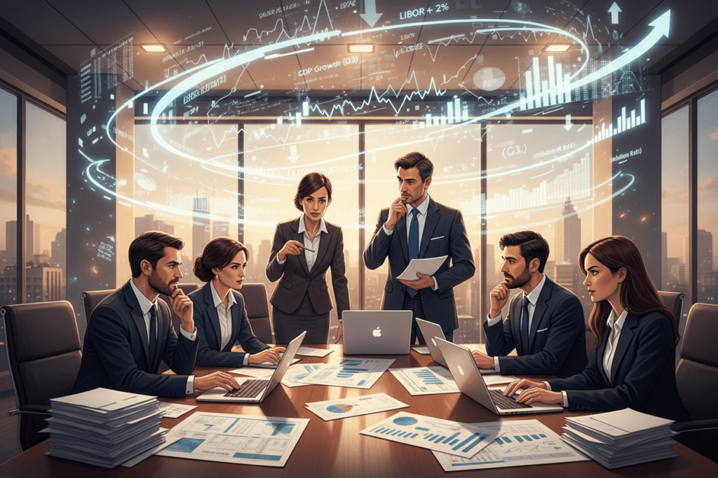 A conceptual illustration depicting the various factors affecting haircut levels in finance. In the foreground, show a diverse group of professionals, dressed in smart business attire, engaged in a discussion over a table filled with financial documents and charts. In the middle, incorporate visual elements representing economic indicators, such as graphs and numbers, hovering around them to symbolize the complexity of haircut determination. The background features a well-lit modern office with glass walls, exuding a professional atmosphere. Use warm, natural lighting to create an inviting yet serious mood. Emphasize clarity and detail in the expressions of the individuals, showcasing deep contemplation and collaboration on financial strategies. A conceptual illustration depicting the various factors affecting haircut levels in finance. In the foreground, show a diverse group of professionals, dressed in smart business attire, engaged in a discussion over a table filled with financial documents and charts. In the middle, incorporate visual elements representing economic indicators, such as graphs and numbers, hovering around them to symbolize the complexity of haircut determination. The background features a well-lit modern office with glass walls, exuding a professional atmosphere. Use warm, natural lighting to create an inviting yet serious mood. Emphasize clarity and detail in the expressions of the individuals, showcasing deep contemplation and collaboration on financial strategies.
