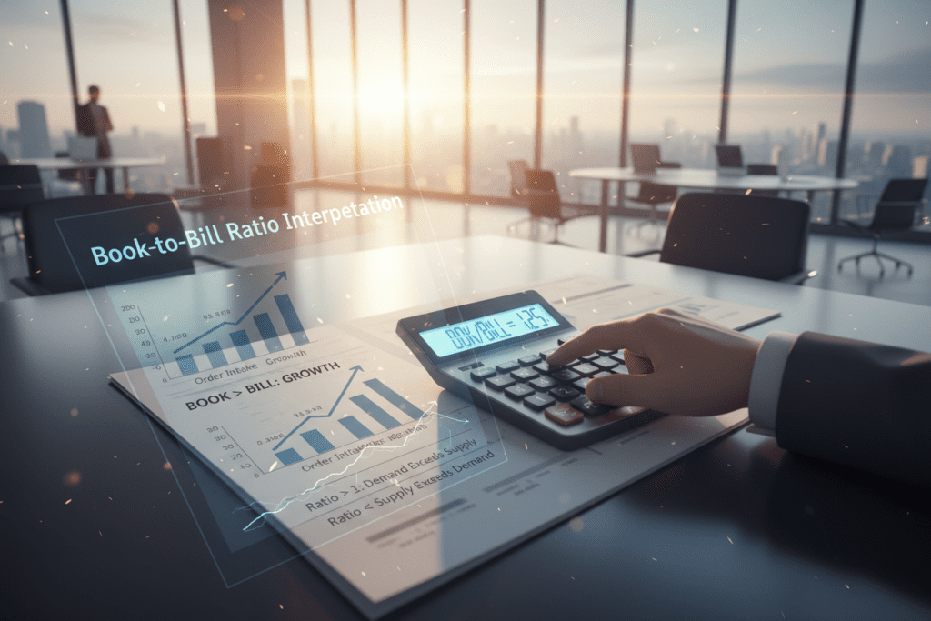 A conceptual illustration representing the "Book-to-Bill Ratio Interpretation." In the foreground, a close-up of a calculator displaying financial data, with a hand in a professional business attire making calculations. In the middle ground, an open financial report showcasing charts and graphs indicating trends of the book-to-bill ratio. The background features a modern office space with large windows, allowing natural light to flood the scene, enhancing clarity and focus on the financial elements. The overall mood is analytical and professional, conveying a sense of precision and insight. The angle is slightly elevated, presenting a clear view of the foreground details while capturing the depth of the office environment.