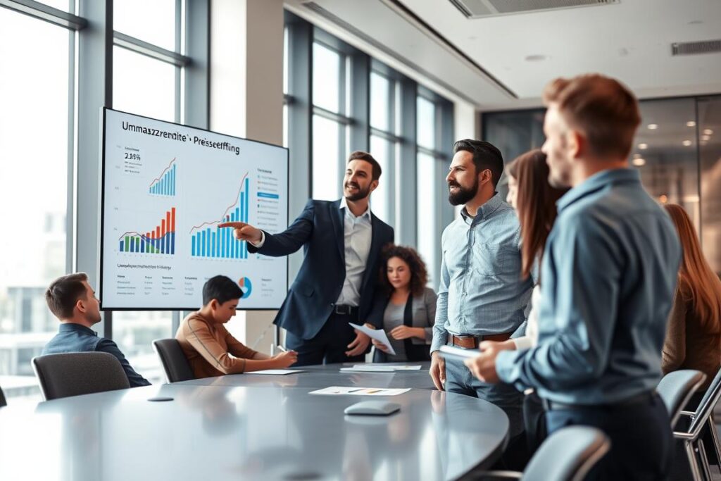 A corporate office setting where a group of diverse professionals is engaged in a discussion around a large, interactive digital screen displaying charts and graphs related to profit margins and pricing strategies. In the foreground, two colleagues, one in a navy suit and the other in a smart casual shirt, point at a graph illustrating "Umsatzrendite Preisgestaltung" with focused expressions, symbolizing collaboration and strategy. In the middle ground, a diverse team seated around a sleek conference table taking notes, highlighting teamwork. The background features modern office design with large windows letting in soft, natural light, creating an optimistic atmosphere. The overall mood evokes professionalism and determination, with a depth of field that emphasizes the foreground interaction while softly blurring the background. A corporate office setting where a group of diverse professionals is engaged in a discussion around a large, interactive digital screen displaying charts and graphs related to profit margins and pricing strategies. In the foreground, two colleagues, one in a navy suit and the other in a smart casual shirt, point at a graph illustrating "Umsatzrendite Preisgestaltung" with focused expressions, symbolizing collaboration and strategy. In the middle ground, a diverse team seated around a sleek conference table taking notes, highlighting teamwork. The background features modern office design with large windows letting in soft, natural light, creating an optimistic atmosphere. The overall mood evokes professionalism and determination, with a depth of field that emphasizes the foreground interaction while softly blurring the background.
