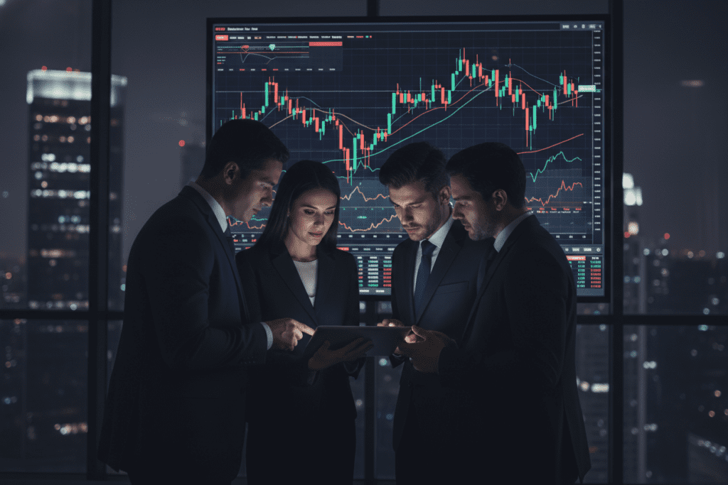 A dark, moody financial office setting exemplifying the concept of "Dark Pools" in trading. In the foreground, a group of three diverse professionals dressed in smart business attire are engaged in a serious discussion, analyzing graphs on a digital tablet. The middle ground features a large screen displaying a complex stock market chart with fluctuating lines, symbolizing volatility and risk. The background shows dark glass walls with subtle reflections of city lights, creating a sense of an exclusive, hidden environment. The lighting is dim with focused spotlights on the screens, enhancing the atmosphere of secrecy and critique in financial markets. The overall mood is tense yet professional, highlighting the intricate dynamics and risks associated with Dark Pools.