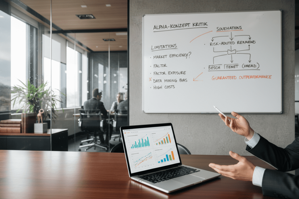 A detailed and visually striking representation of the "Alpha-Konzept Benchmark" in a financial context. In the foreground, a polished wooden table displays a sleek laptop with colorful graphs and charts reflecting the Alpha concept metrics. Beside the laptop, a pair of professional business attire-clad hands are gesturing towards the screen, indicating analysis and discussion. In the middle ground, a large whiteboard is mounted on a wall showcasing complex financial diagrams and critique points regarding the Alpha concept, emphasizing its limitations and criticisms. The background features a modern office setting with glass panels and soft ambient lighting streaming in. The overall atmosphere is analytical and contemplative, inviting viewers to reflect on financial concepts wisely while maintaining a professional aura. The angle captures the scene from a slightly elevated perspective to encompass the entire workstation.