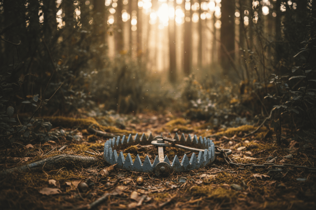 A detailed bear trap set in a natural environment, showcasing its metallic teeth and rusty surface, emphasizing the dangers of financial traps. In the foreground, place the bear trap prominently, with its sharp jaws slightly open, hinting at its potential to snare. The middle ground features a blurred landscape of dense forest, symbolizing the psychological complexities investors face. In the background, soft, diffused sunlight filters through the trees, casting a contemplative mood. The overall color palette should consist of earthy tones, highlighting the contrast between the trap and the natural surroundings. Use a shallow depth of field to keep the focus on the bear trap, evoking feelings of caution and awareness, inviting viewers to reflect on the unseen risks in financial markets.
