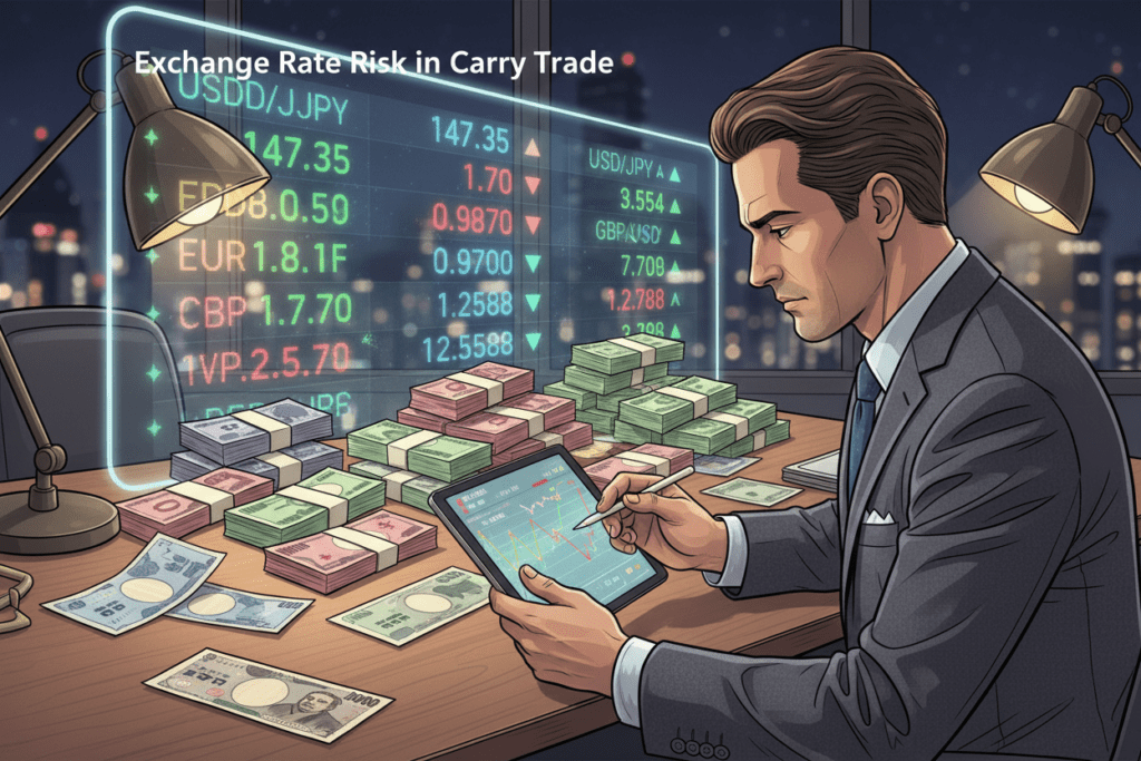 A detailed illustration depicting "Exchange Rate Risk in Carry Trade". In the foreground, a professional in business attire studies a financial chart on a tablet, focused and analytical. In the middle ground, stacks of currency notes from different countries, symbolizing various currencies involved in carry trades, create a dynamic atmosphere. In the background, a digital display of fluctuating exchange rates glows softly, enhancing the sense of urgency and market movement. The lighting is warm and focused, reflecting professionalism, while a soft bokeh effect blurs the details in the background to emphasize the subject. The mood is serious yet hopeful, capturing both the opportunities and risks associated with carry trading in a sophisticated financial environment.