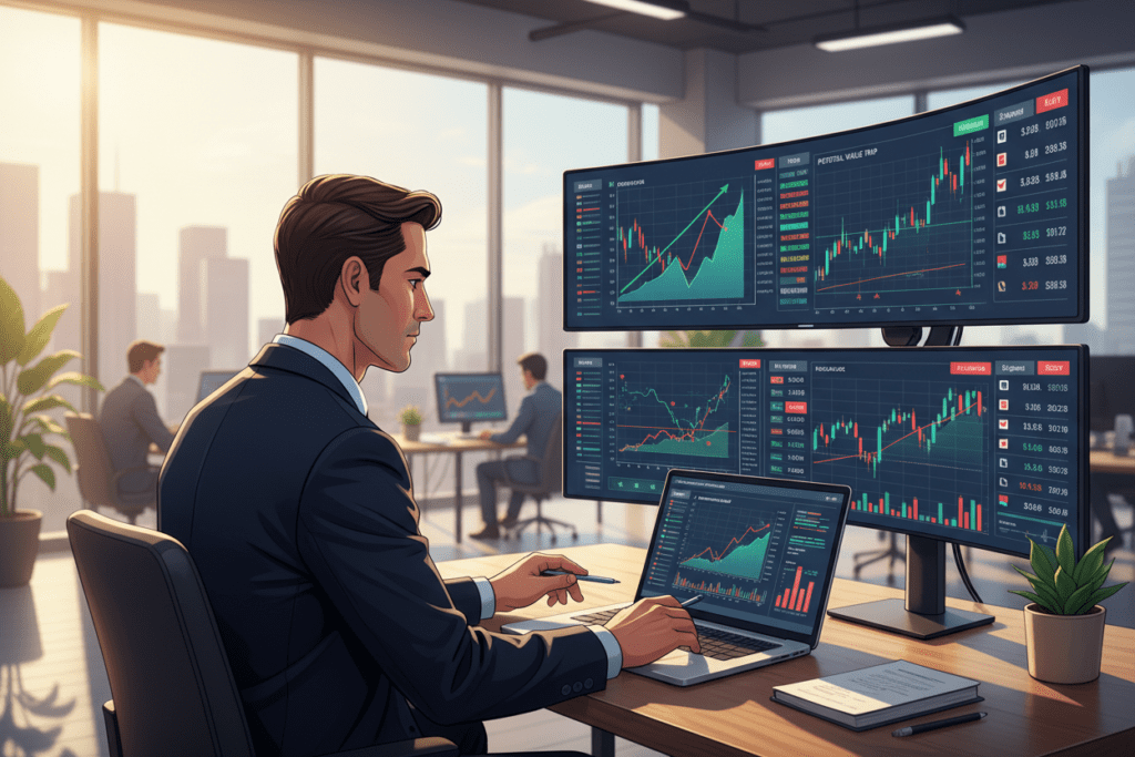 A detailed illustration of a financial analyst in a modern office, deeply analyzing stock market trends to identify value traps. In the foreground, the analyst, dressed in professional business attire, studies charts and financial data on a laptop, with a thoughtful expression. The middle ground features multiple screens displaying complex financial graphs and data points, highlighting both rising and falling stock trends, emphasizing the concept of value traps. In the background, a bright, contemporary office environment with large windows allowing natural light to spill in, creating a warm, focused atmosphere. The angle captures the analyst's engagement with the data, conveying a sense of diligence and expertise in investment strategy. No text or logos present.