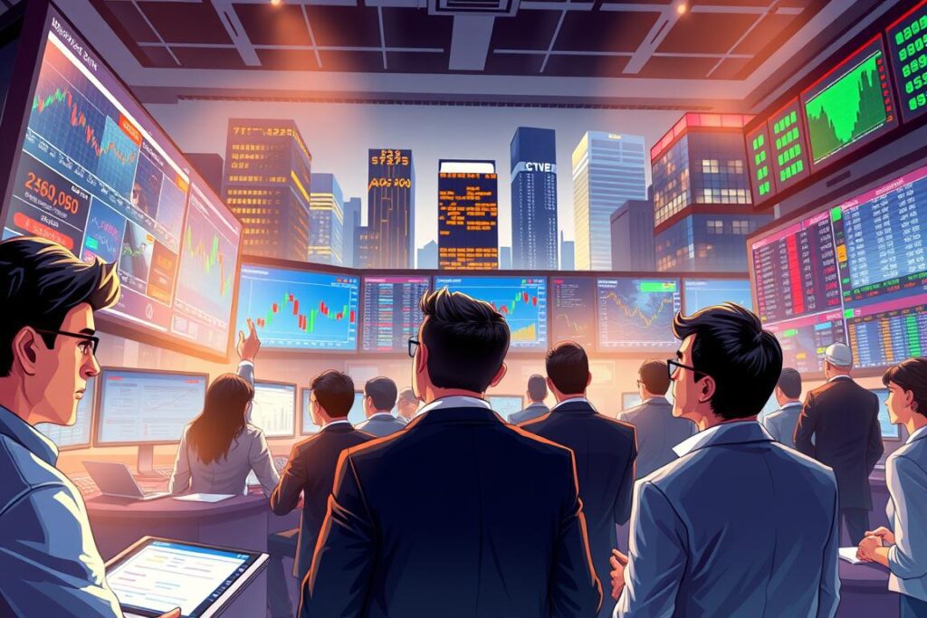 A detailed illustration of the foreign exchange market, showcasing a busy trading floor filled with professional traders analyzing screens displaying fluctuating currency exchange rates. In the foreground, a diverse group of traders in professional business attire, focused and engaged, with one pointing at a graph depicting rising and falling rates. In the middle ground, multiple large digital screens illuminate the scene, filled with colorful charts, currency symbols, and real-time data. The background depicts a modern financial district with skyscrapers, creating an energetic urban atmosphere. Soft, ambient lighting casts a warm glow over the scene, emphasizing the dynamic and fast-paced nature of currency trading, while reflections from the screens create a vibrant, high-tech feel.