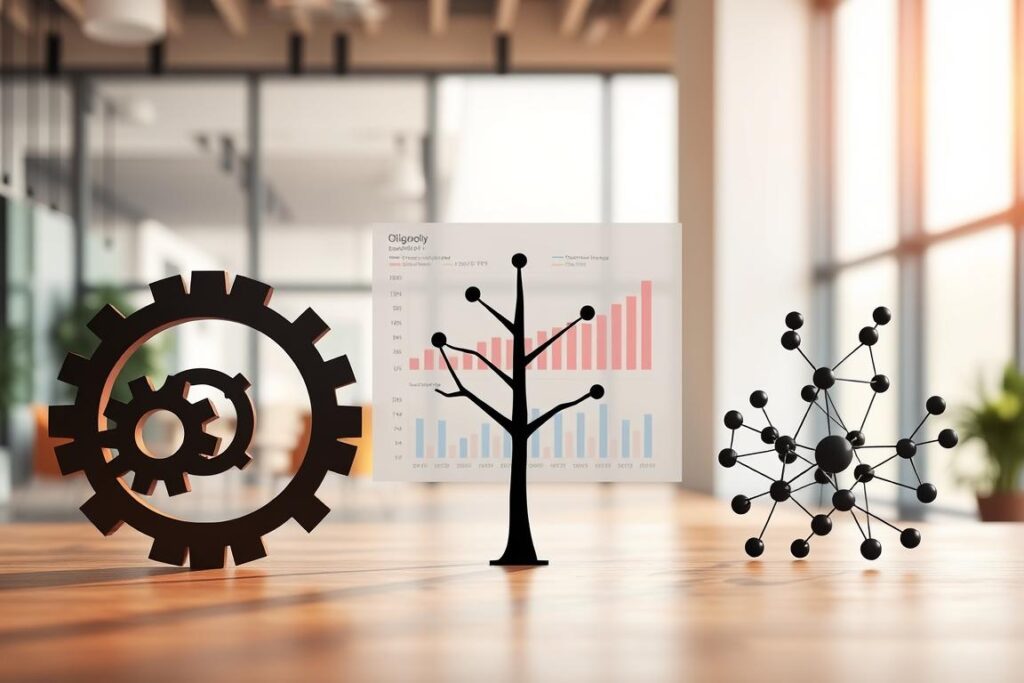 A detailed illustration of various oligopoly forms presented in a visually engaging manner. In the foreground, depict three stylized, abstract representations of different oligopoly structures, using geometric shapes - one shaped like interlocking gears, another resembling a branching tree, and the third demonstrating a network of interconnected nodes. In the middle ground, include a semi-transparent chart overlay showing statistics and graphs related to market share and competitors. The background should feature a modern office environment with large windows allowing soft, natural daylight to illuminate the scene, creating a professional and analytical atmosphere. Use a slightly blurred focus on the background to keep attention on the oligopoly representations. The overall mood should be informative and thought-provoking, suitable for a scholarly article.