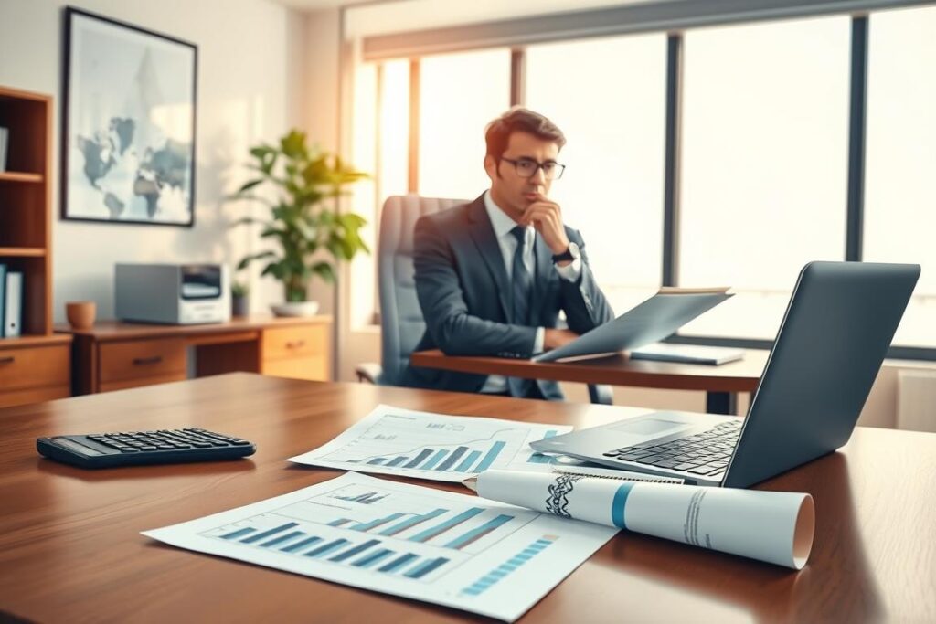 A detailed illustration portraying a serene office environment focusing on the concept of capital gains tax. In the foreground, a stylish wooden desk with neatly arranged financial documents, including graphs and charts indicating growth, along with a calculator and a sleek laptop. The middle ground features a professional in business attire, engaging in deep thought while analyzing the documents, their expression reflecting concentration and determination. The background shows a large window with soft, natural light streaming in, illuminating the room, and a decorative plant adds a touch of life to the workspace. The overall atmosphere is one of professionalism and financial insight, evoking a sense of clarity and understanding of tax implications related to capital gains.