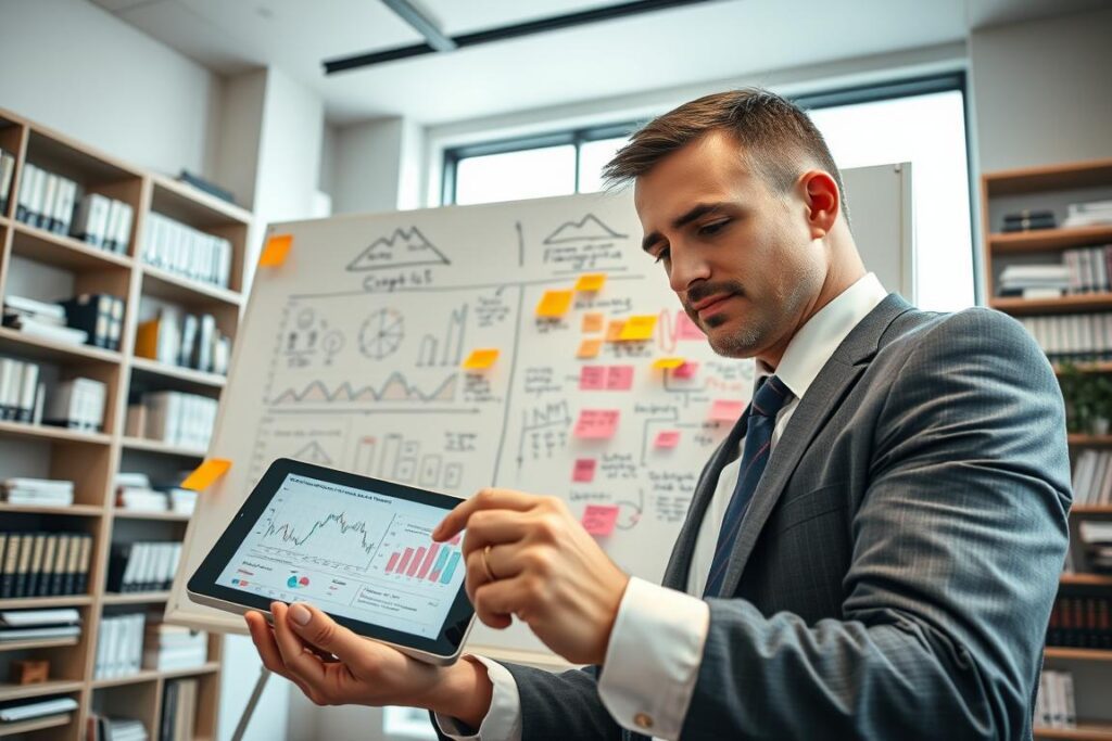 A detailed, informative scene depicting the measurement of price levels in an economic context. In the foreground, a professional economist in smart business attire is analyzing a digital tablet displaying various economic graphs and data points. In the middle ground, a large whiteboard is filled with charts, diagrams, and annotations that illustrate concepts related to price levels, along with colorful sticky notes highlighting key terms. The background features a sleek modern office environment with tall shelves filled with finance books and economic reports. Bright, natural light floods the room through a large window, creating a productive and focused atmosphere. The angle is a slightly elevated view, capturing the dynamic interplay between the economist's focused expression and the complex visuals around them. Overall, the image conveys an air of professionalism, intelligence, and engagement with economic analysis.