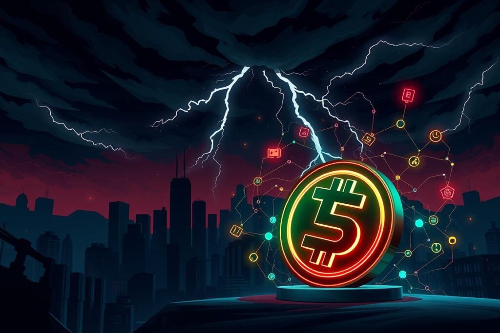 A digital illustration depicting the concept of "Preis Token Medien" in the context of cryptocurrency scams. In the foreground, a stylized, large token resembling a currency symbol sits prominently, glowing with a mix of green and red hues to symbolize market fluctuation. Surrounding the token, abstract representations of bots and algorithms swirl around, depicted as intricate, glowing patterns and lines, indicating chaotic trading activity. The middle ground features a darkened cityscape, with shadowy skyscrapers, to evoke a sense of mystery and caution. In the background, a stormy sky looms overhead, filled with ominous clouds and flashes of lightning, creating a dramatic atmosphere. The overall mood reflects tension and caution, alluding to the volatility of crypto markets. The lighting is stark and high-contrast, highlighting the token and the surrounding chaos. A digital illustration depicting the concept of "Preis Token Medien" in the context of cryptocurrency scams. In the foreground, a stylized, large token resembling a currency symbol sits prominently, glowing with a mix of green and red hues to symbolize market fluctuation. Surrounding the token, abstract representations of bots and algorithms swirl around, depicted as intricate, glowing patterns and lines, indicating chaotic trading activity. The middle ground features a darkened cityscape, with shadowy skyscrapers, to evoke a sense of mystery and caution. In the background, a stormy sky looms overhead, filled with ominous clouds and flashes of lightning, creating a dramatic atmosphere. The overall mood reflects tension and caution, alluding to the volatility of crypto markets. The lighting is stark and high-contrast, highlighting the token and the surrounding chaos.