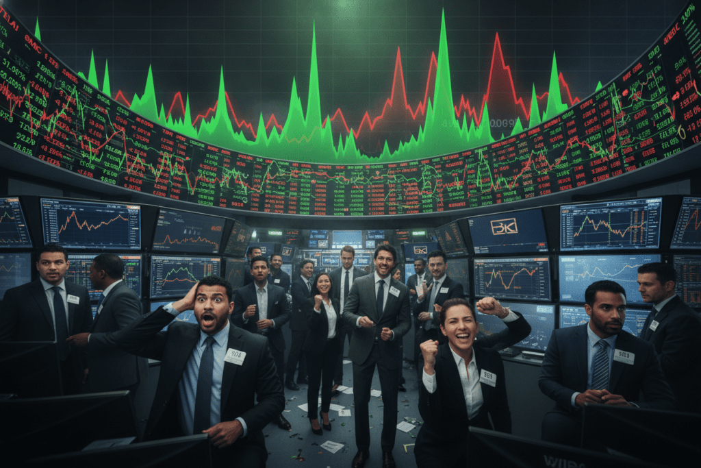 A dramatic depiction of a stock market trading floor during a short squeeze event, illustrating volatility and tension. In the foreground, a diverse group of professional traders in business attire display a mix of emotions: shock, excitement, and anxiety. They are surrounded by screens showing rapidly fluctuating stock prices and charts. In the middle ground, a large digital ticker displays stock symbols and percentages in a chaotic manner, reflecting the volatility. The background features a stylized representation of a stock chart with steep spikes and troughs, symbolizing the sudden price movements typical of a short squeeze. The lighting is bright and intense, with a slight green and red hue to enhance the atmosphere of urgency and risk. The overall mood is one of high tension and financial unpredictability.