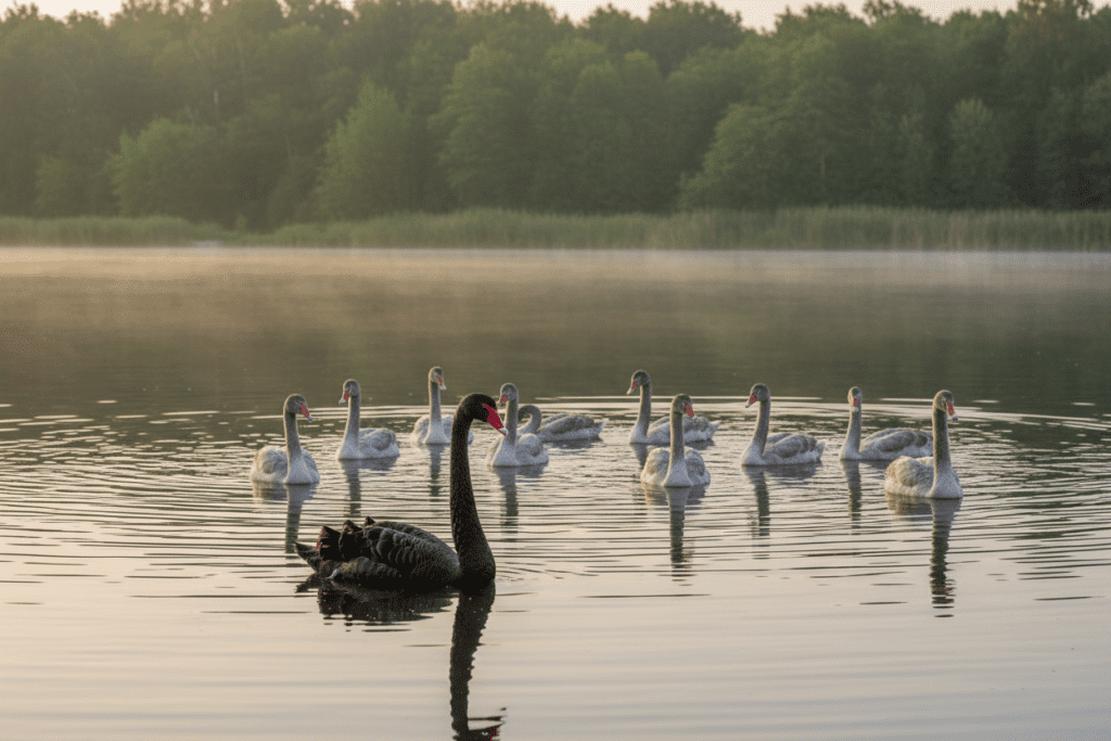 A dramatic scene depicting a Black Swan and a group of Grey Swans in a serene water setting. In the foreground, the elegant Black Swan stands out with its striking black feathers glistening under the soft morning light, conveying an air of mystery and uniqueness. In the middle ground, the Grey Swans, with their muted greyish-white plumage, swim gracefully in the water, representing more predictable, common events. The background features a tranquil lake surrounded by lush greenery and soft ripples created by the swans’ movement. The atmosphere is contemplative, emphasizing the contrast between the unexpected and the familiar. Use soft natural lighting for a calm effect, and a wide-angle perspective to capture the full scene beautifully, enhancing the distinction between the two types of swans.