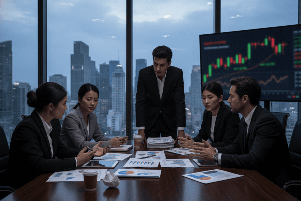 A dramatic scene depicting financial manipulation, featuring a sleek office environment. In the foreground, a diverse group of professional individuals in business attire, engaged in intense discussion around a large, polished conference table covered with financial reports and charts. The middle ground showcases a large window with a city skyline view, symbolizing the external pressures of finance. The background features shadowy silhouettes of stock exchange screens displaying fluctuating numbers, creating an atmosphere of tension. Soft, dramatic lighting highlights the faces of the individuals, creating depth and focus on their expressions of concern. The overall mood is serious and contemplative, capturing the essence of protective strategies against financial manipulation.