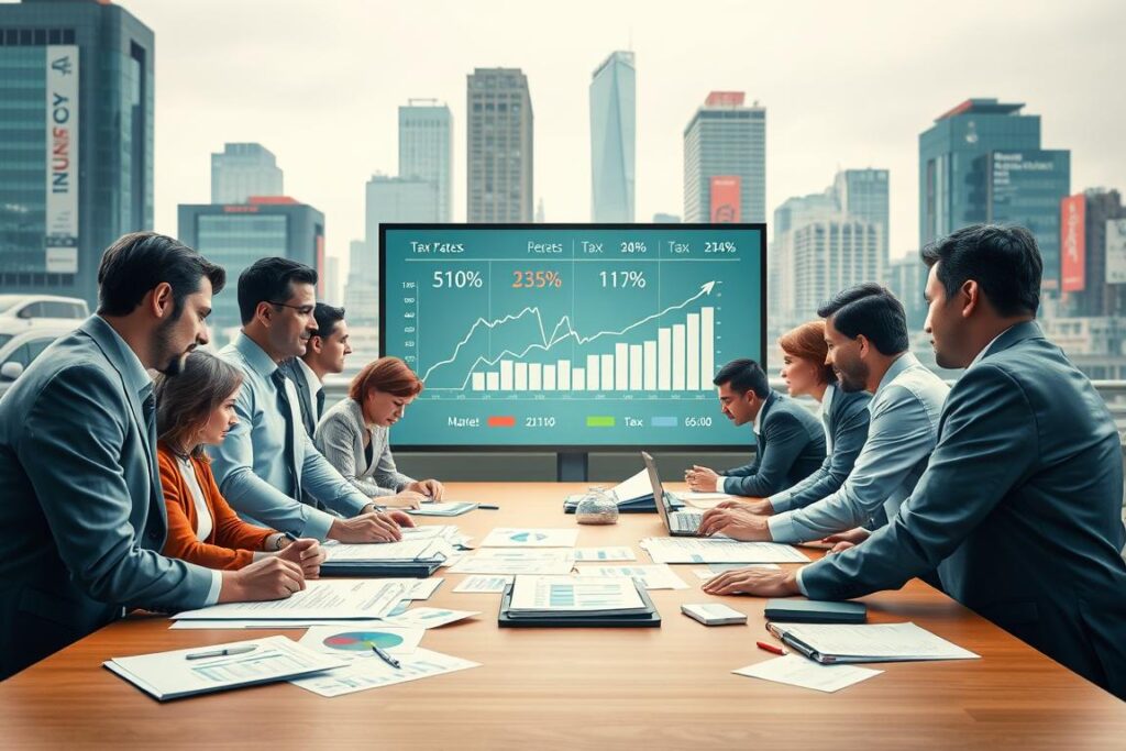 A dynamic and engaging visual representation of the influence of taxes on the goods market. In the foreground, depict a diverse group of professionals in business attire, engaged in discussions around a large table with graphs, charts, and financial documents scattered about. In the middle ground, show a digital display screen illustrating tax rates and market trends, with elements like arrows and percentage symbols to symbolize economic fluctuations. In the background, create a city skyline symbolizing commerce, with buildings featuring banners that suggest various industries. Use soft, even lighting to create a professional yet approachable atmosphere, with a slight depth of field effect to draw attention to the foreground interactions, creating a sense of activity and urgency in the interpretation of the goods market.