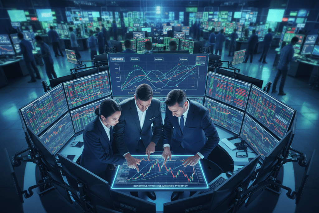 A dynamic financial scene depicting "Quadruple Witching Arbitrage." In the foreground, a diverse team of three professionals in business attire is actively analyzing stock charts on a digital tablet, their expressions focused and intense. The middle ground features multiple screens displaying fluctuating stock indices, options, and futures, with visual indicators showing rapid changes in data. The background is an abstract representation of a bustling financial market, with blurred silhouettes of traders in a modern office filled with technology. Soft blue and green lighting creates a high-tech atmosphere, while a perspective angle mimics a drone view of a crowded trading floor. The mood conveys urgency and opportunity, symbolizing the excitement and potential of arbitrage during Quadruple Witching.