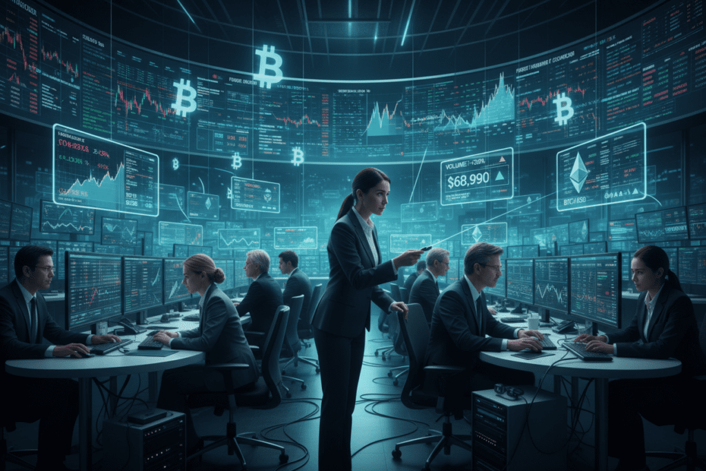 A dynamic representation of front running in the crypto market, showcasing a bustling trading room filled with screens displaying fluctuating cryptocurrency prices. In the foreground, a diverse group of professionals in business attire intensely analyzing data on their computers, with one individual pointing at a graph that indicates rapid price changes. In the middle ground, monitors show real-time trading metrics, while digital currency symbols float around, suggesting movement and urgency. The background features a digital wall with animated graphs and news updates, casting a blue and green glow across the scene. The atmosphere is tense yet focused, with dramatic lighting emphasizing the urgency of trading decisions, all captured from a slightly elevated angle to convey a sense of action and engagement.