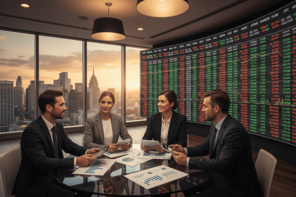 A dynamic scene illustrating Over-the-Counter (OTC) markets in a modern financial environment. In the foreground, a diverse group of business professionals, both men and women, dressed in formal business attire, are engaged in discussion over digital tablets and charts, showcasing collaboration and analysis. In the middle ground, a large electronic trading board displays fluctuating stock prices and market data, emphasizing the fluid nature of OTC trading. The background features a sleek, contemporary office with large windows offering a panoramic view of a bustling city skyline, symbolizing opportunity and growth. Soft, warm lighting creates an inviting atmosphere, highlighting the professionalism and optimism of OTC markets. The angle is slightly elevated, providing a broad perspective of the entire scene.