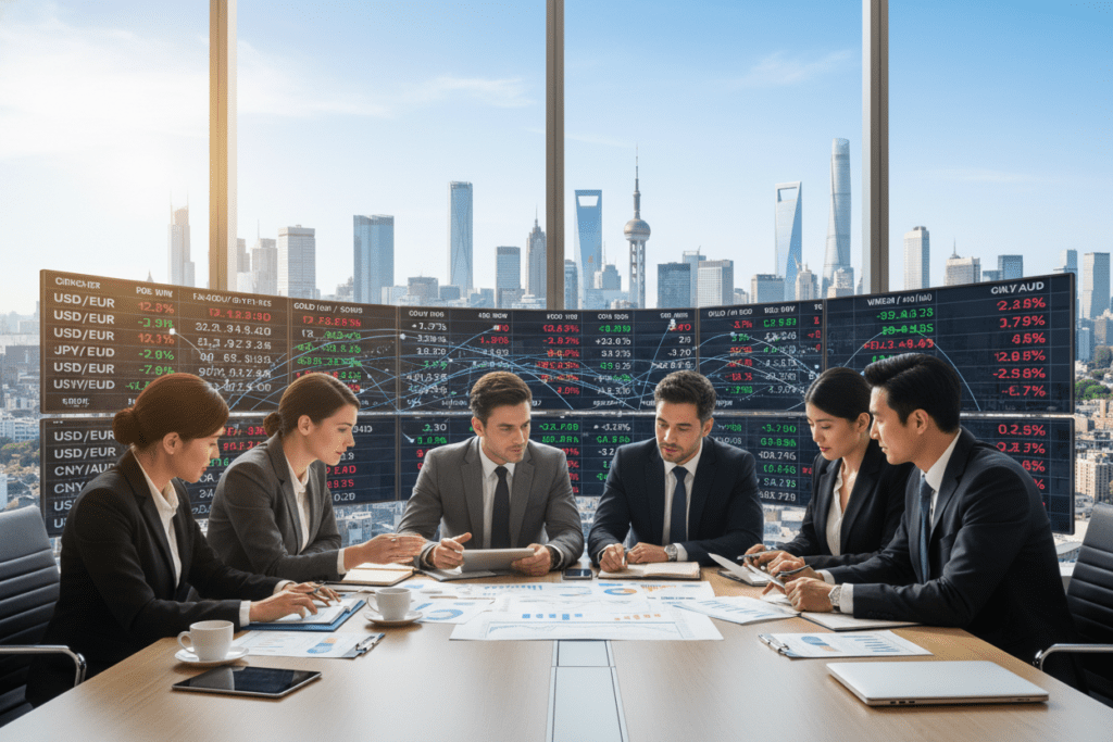 A dynamic scene illustrating the concept of fungibility in international markets. In the foreground, diverse business professionals in smart attire are engaged in a serious discussion at a conference table covered with graphs and financial reports. In the middle ground, digital screens display fluctuating currency exchange rates and commodity prices, symbolizing the fluid nature of assets. The background features a panoramic city skyline, representing major financial hubs worldwide under a clear blue sky, infused with a sense of optimism and opportunity. Use soft, natural lighting to create a professional and inviting atmosphere, focusing on a slightly elevated angle to encompass both the people and technology involved in global trade. The overall mood should reflect diligence, collaboration, and the interconnectedness of various economic sectors.
