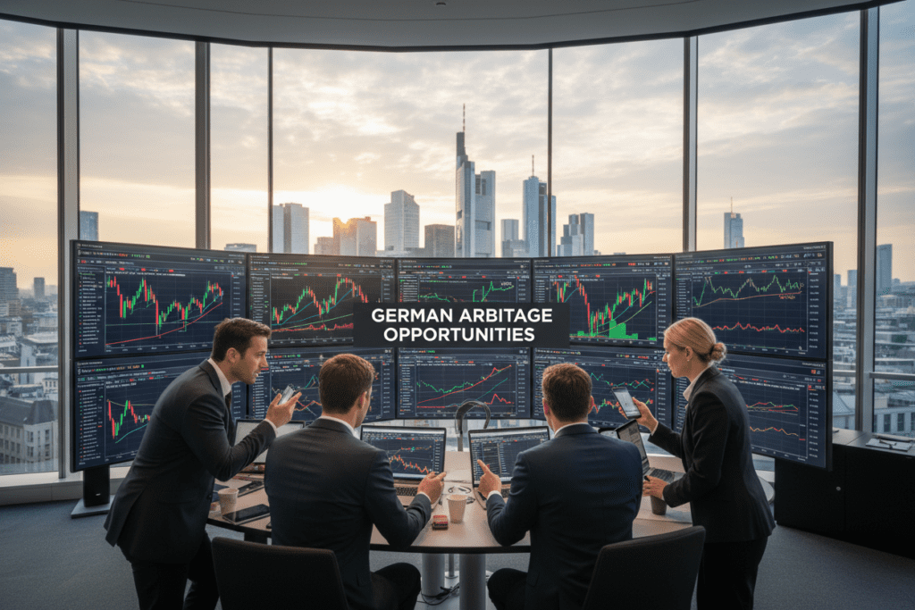 A dynamic trading floor scene showcasing arbitrage opportunities in the German financial markets. In the foreground, a diverse group of well-dressed professionals, including men and women in tailored suits, are actively discussing strategies over digital devices, with charts and graphs displayed. The middle ground features large screens showing fluctuating market prices, candlestick charts, and indicators relevant to arbitrage. In the background, a modern office space with floor-to-ceiling windows overlooks a bustling city skyline, indicating a vibrant economic atmosphere. Soft, natural lighting floods the room, enhancing the focus on collaboration and urgency in the trading environment. The overall mood is energetic and focused, capturing the essence of high-stakes financial analysis.