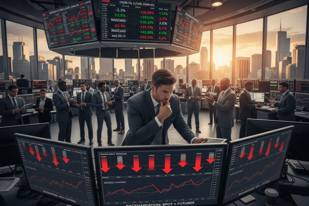 A financial market scene depicting backwardation in action. In the foreground, a business professional dressed in a sharp suit examines a digital trading screen filled with red downward arrows and graphs illustrating falling futures prices. The middle ground features a busy trading floor with diverse traders engaged in discussions, surrounded by large digital screens displaying market indices. In the background, a city skyline at dusk with warm golden lighting, reflecting the end of a trading day. The atmosphere is tense yet focused, highlighting the urgency and dynamics of the financial markets. Capture the essence of backwardation through symbols of financial uncertainty, emphasizing professionalism and seriousness. Use a slightly tilted angle to create a sense of movement, suggesting rapid market shifts.