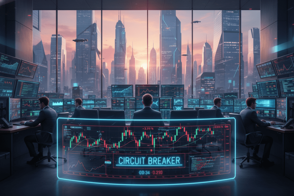 A futuristic trading floor showcasing the concept of circuit breakers and algorithmic trading. In the foreground, a sleek digital interface displaying dynamic charts and graphs, illustrating real-time market fluctuations with bright red and green indicators signifying price changes. The middle ground features professional traders in business attire, intently monitoring multiple screens filled with data analytics and trading algorithms. The background depicts a modern financial skyline with tall glass buildings, illuminated by the soft glow of evening lights. The atmosphere conveys urgency and innovation, enhanced by dramatic lighting from the screens casting reflections in the glass surfaces. The angle is a slightly elevated perspective, offering a comprehensive view of the bustling trading environment.