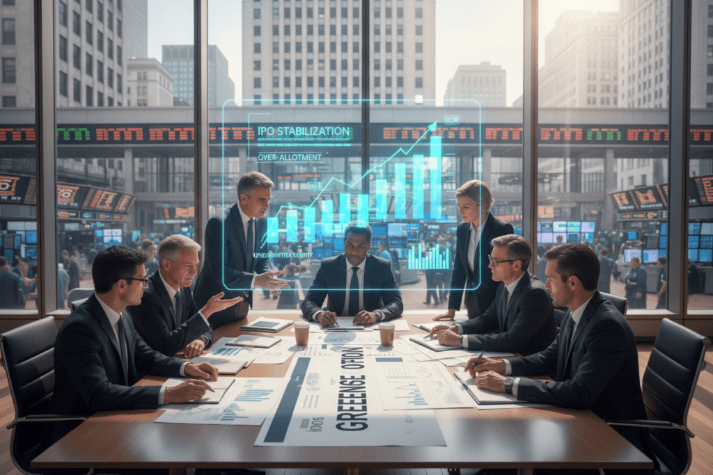 A historical representation of the Greenshoe Option, featuring a visually captivating scene in a modern financial office. In the foreground, a diverse group of professionals in business attire are engaged in animated discussion around a large table filled with financial documents and charts. In the middle ground, a transparent digital display showcases key data points and graphs related to the Greenshoe Option, symbolizing its significance in IPOs. The background features large windows overlooking a bustling stock exchange, with traders visible in action. Bright, natural light streams in, casting dynamic shadows and highlighting the focus and determination on the professionals' faces. The overall mood is one of innovation, collaboration, and financial acumen, reflecting a pivotal moment in the history of finance. A historical representation of the Greenshoe Option, featuring a visually captivating scene in a modern financial office. In the foreground, a diverse group of professionals in business attire are engaged in animated discussion around a large table filled with financial documents and charts. In the middle ground, a transparent digital display showcases key data points and graphs related to the Greenshoe Option, symbolizing its significance in IPOs. The background features large windows overlooking a bustling stock exchange, with traders visible in action. Bright, natural light streams in, casting dynamic shadows and highlighting the focus and determination on the professionals' faces. The overall mood is one of innovation, collaboration, and financial acumen, reflecting a pivotal moment in the history of finance.