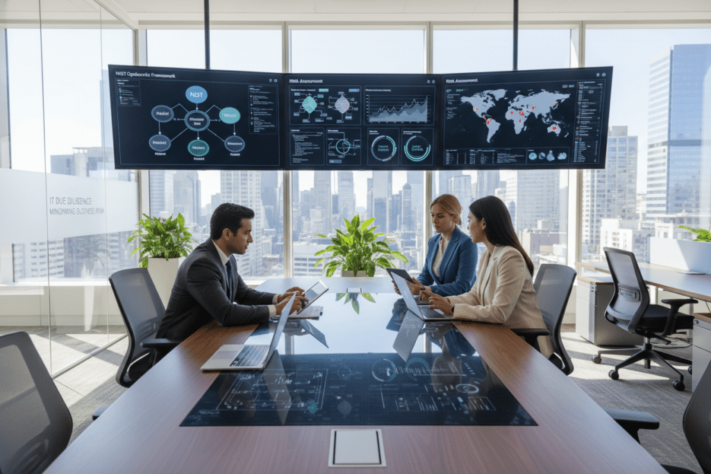 A modern office environment depicting IT Due Diligence as a crucial business practice. In the foreground, a diverse group of three professionals in business attire are engaged in a discussion around a sleek conference table, analyzing data on laptops and digital tablets. The middle ground features large screens displaying various IT risk assessment frameworks and cybersecurity charts, emphasizing the analytical aspect of the process. In the background, large windows reveal a city skyline under bright daylight, suggesting a vibrant business atmosphere. Soft, natural lighting illuminates the room, creating a professional yet inviting mood. The image conveys a sense of collaboration and focus, underscoring the importance of understanding and minimizing IT risks in business.