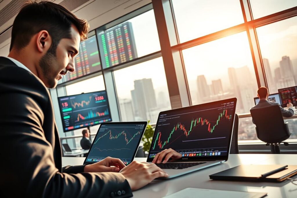 A modern office environment showcasing a professional trader engaged in the buying and selling of leveraged financial products. In the foreground, a focused individual in a business suit analyzes charts on a sleek laptop, displaying fluctuating market data and candlestick graphs. In the middle ground, digital screens exhibit vibrant graphics of various financial instruments and leverage ratios, creating a dynamic ambiance. The background features floor-to-ceiling windows offering a panoramic view of a bustling cityscape, with vibrant sunlight streaming in, enhancing the atmosphere of ambition and activity. The lighting is bright and professional, highlighting the trader’s concentration and determination. The perspective is slightly angled to capture both the trader’s intense focus and the energy of the trading floor while maintaining a clean and polished aesthetic throughout the image.
