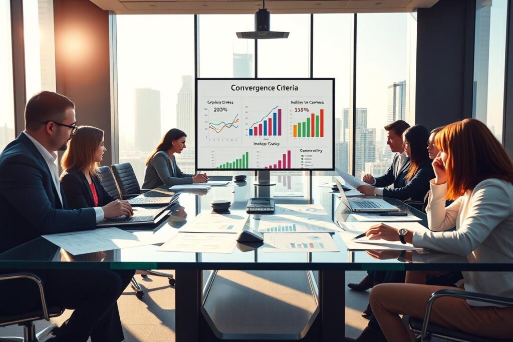 A modern office setting with a large glass conference table in the foreground, where a diverse group of professionals in business attire are intently discussing financial documents and graphs related to convergence criteria. In the middle, a presentation screen displays visual representations of key convergence criteria metrics such as GDP, inflation rates, and interest rates, illustrated with vibrant charts and icons. The background shows a sleek city skyline through expansive windows, bathed in warm natural light, creating a motivating atmosphere. Soft shadows accentuate the figures and objects, lending depth to the scene. The mood is focused and dynamic, reflecting the importance of convergence criteria in financial decision-making.