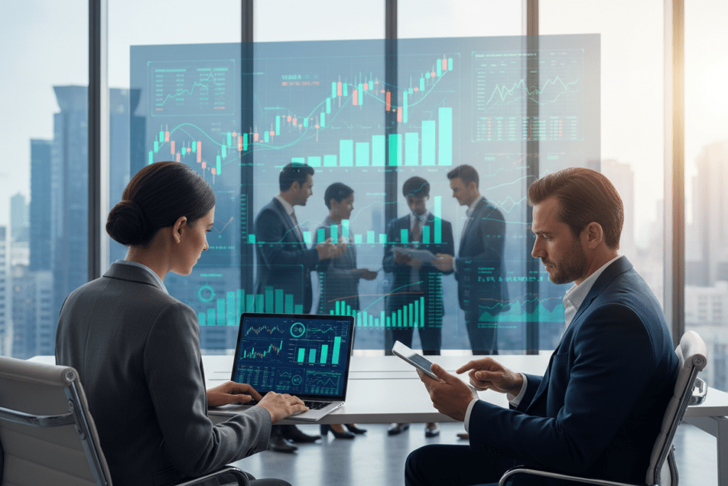 A modern, sleek digital workspace depicting diverse professionals engaged in peer-group analysis. In the foreground, a focused woman in business attire types on a laptop, displaying analytical graphs and charts. Nearby, a man in a suit examines a tablet filled with data. The background features a large screen showing vivid visualizations of financial metrics, with a city skyline visible through large windows, bathed in soft natural light. The color palette is a harmonious blend of blue and green hues, conveying a sense of professionalism and collaboration. The atmosphere is dynamic yet calm, suggesting a productive environment for in-depth financial analysis. The angle is slightly elevated to capture both the individuals and the digital tools used for analysis effectively.