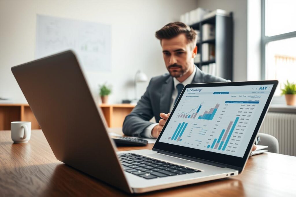 A professional accountant in a modern office environment, focused intently on a detailed spreadsheet on a sleek laptop. The foreground features a close-up of the laptop screen, showcasing graphs and numerical data clearly related to VAT accounting. In the middle ground, the accountant, dressed in smart business attire, is seated at a wooden desk, with a calculator, notepad, and a cup of coffee beside them, reflecting a diligent work atmosphere. The background includes shelves filled with organized accounting books and a large window allowing natural light to stream in, creating a warm and inviting ambiance. The lighting is soft and even, emphasizing the seriousness of the task. The overall mood is focused and professional, suitable for a financial discussion.