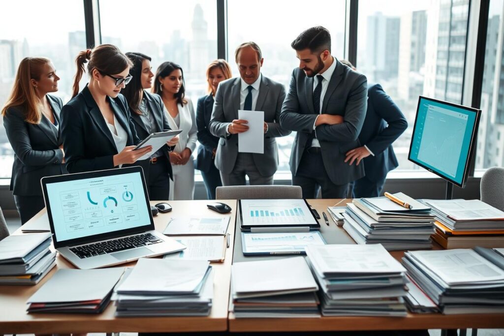A professional and informative scene illustrating "Girosammelverwahrung Wertpapiertransfer." In the foreground, a diverse group of business professionals in formal attire, including a woman with glasses reviewing digital documents on a tablet, and a man pointing at a flowchart on a screen, engaged in a dynamic discussion. The middle ground features organized desks with financial documents, a laptop displaying graphs, and stacks of paperwork, symbolizing the transfer of securities. In the background, a large window reveals a modern cityscape, bathed in soft, natural light that enhances the professional atmosphere. Use a slightly elevated angle to capture the collaborative spirit and focus on the intricate details of financial operations, creating an atmosphere of clarity and efficiency in finance. A professional and informative scene illustrating "Girosammelverwahrung Wertpapiertransfer." In the foreground, a diverse group of business professionals in formal attire, including a woman with glasses reviewing digital documents on a tablet, and a man pointing at a flowchart on a screen, engaged in a dynamic discussion. The middle ground features organized desks with financial documents, a laptop displaying graphs, and stacks of paperwork, symbolizing the transfer of securities. In the background, a large window reveals a modern cityscape, bathed in soft, natural light that enhances the professional atmosphere. Use a slightly elevated angle to capture the collaborative spirit and focus on the intricate details of financial operations, creating an atmosphere of clarity and efficiency in finance.