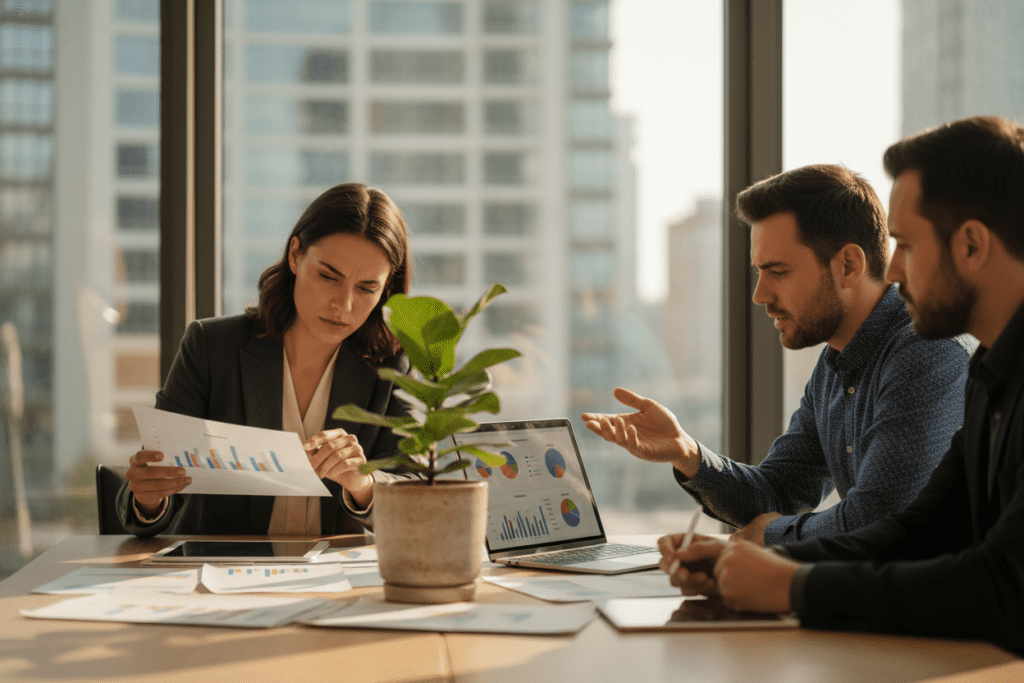 A professional business meeting scene depicting a diverse group of entrepreneurs engaged in discussion about mezzanine capital. In the foreground, a serious-looking woman in business attire is analyzing financial documents on a sleek, modern table. In the middle, two men are collaborating with a laptop open, showcasing graphs and charts that illustrate funding options, while a potted plant adds a touch of greenery. The background features a large window with soft, natural light streaming in, illuminating the room and creating an optimistic atmosphere. The lens is focused on the entrepreneurs, capturing expressions of determination and focus, conveying an atmosphere of professionalism and financial strategy. The color palette is warm yet sophisticated, with earthy tones.