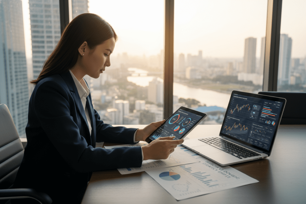 A professional business setting illustrating the concept of "Interest Rates and Investment Strategies." In the foreground, a well-dressed woman in professional attire is intently reviewing charts on her tablet, with a focused expression. The middle ground features a sleek conference table with financial documents and a laptop open, displaying market trends and data analysis. The background showcases a large window with a view of a modern city skyline, bathed in soft, warm afternoon light that creates a hopeful atmosphere. The scene conveys a sense of urgency and opportunity, highlighting the impact of hawkish and dovish monetary policies on personal finances. The image should be captured from a slightly elevated angle, emphasizing the interaction between the figures and their environment, ensuring all elements are harmonious and professional.