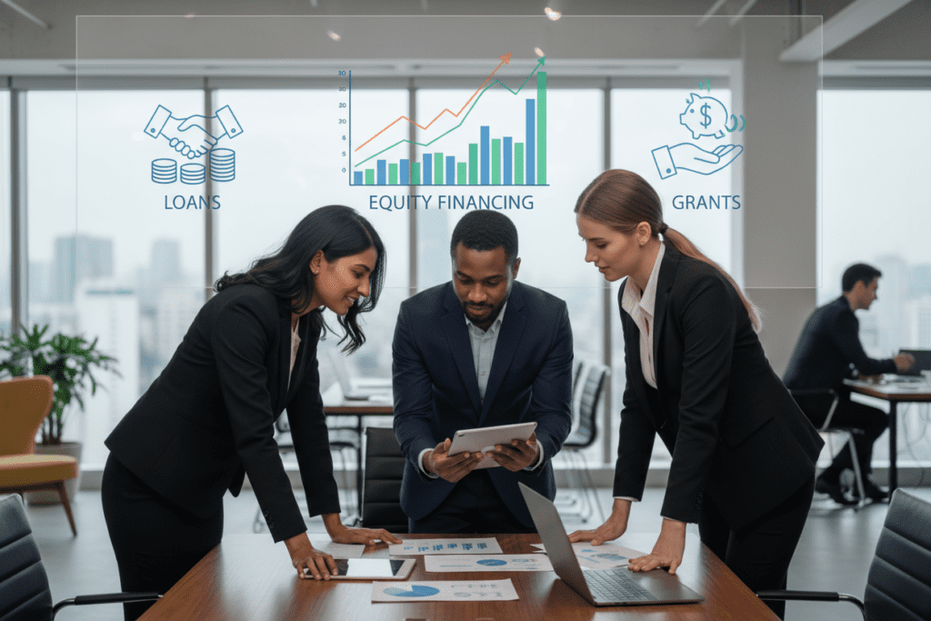 A professional business setting illustrating various financing options for capital expenditures. In the foreground, a diverse group of three business professionals in smart attire are analyzing financial documents and charts on a sleek table. In the middle ground, a modern digital display shows financial graphs and investment portfolios, with icons representing loans, equity financing, and grants. The background features a contemporary office with large windows, letting in soft, natural light, enhancing the optimistic atmosphere. The scene is captured with a shallow depth of field, focusing on the engaged expressions of the team, creating a collaborative and proactive mood, emphasizing decision-making and financial strategy. A professional business setting illustrating various financing options for capital expenditures. In the foreground, a diverse group of three business professionals in smart attire are analyzing financial documents and charts on a sleek table. In the middle ground, a modern digital display shows financial graphs and investment portfolios, with icons representing loans, equity financing, and grants. The background features a contemporary office with large windows, letting in soft, natural light, enhancing the optimistic atmosphere. The scene is captured with a shallow depth of field, focusing on the engaged expressions of the team, creating a collaborative and proactive mood, emphasizing decision-making and financial strategy.