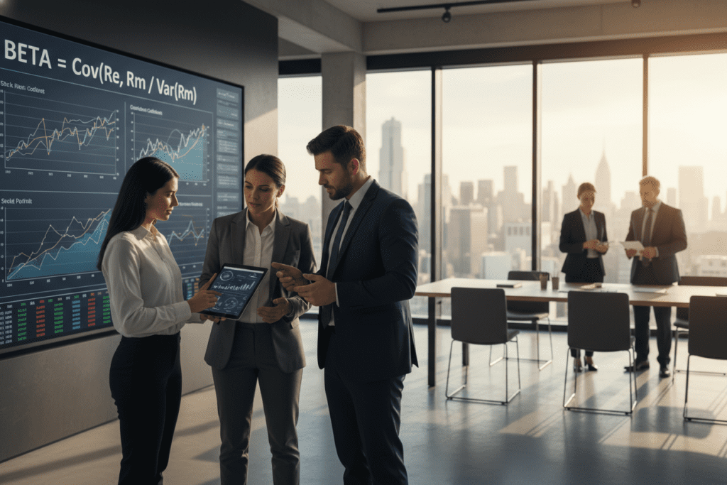 A professional business setting showcasing the calculation of the Beta factor in finance. In the foreground, a diverse group of three professionals, two men and one woman, are deeply engaged in discussing financial charts on a modern tablet. They are dressed in smart business attire. In the middle, a large screen displays a detailed graphic illustrating the Beta factor formula, surrounded by various financial graphs and stock market data. The background features a sleek, contemporary office with large windows providing a cityscape view, bathed in warm sunlight. Soft shadows create a collaborative atmosphere, suggesting a serious yet optimistic mood. The lens captures a clear focus on the professionals and the screen, with a slight depth of field blurring the background, emphasizing the discussion on risk assessment.