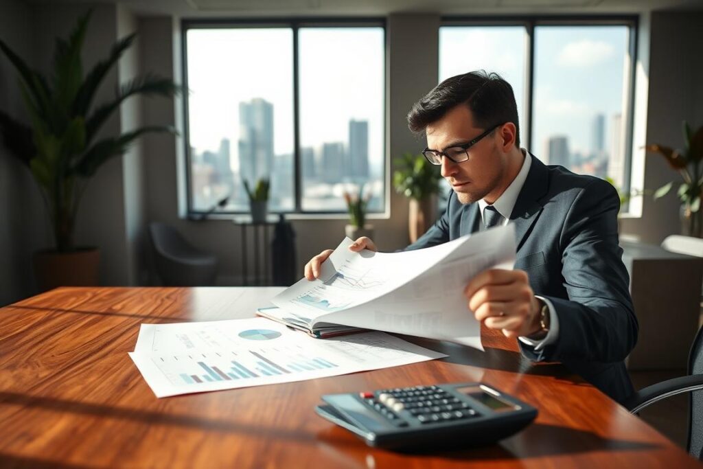 A professional financial advisor analyzing a financial balance sheet in a modern office setting. In the foreground, a polished wooden desk with charts, graphs, and a calculator. The advisor, dressed in a sharp business suit, is intently focused on the documents, with a thoughtful expression. In the middle ground, large windows reveal a city skyline with soft daylight filtering through, casting gentle shadows. The background features sleek, minimalist office decor with indoor plants to enhance the atmosphere of professionalism. Use natural lighting to create a bright and inviting ambiance, capturing the essence of practical financial balance discussions. The composition should be dynamic yet orderly, emphasizing clarity and focus on the subject matter. A professional financial advisor analyzing a financial balance sheet in a modern office setting. In the foreground, a polished wooden desk with charts, graphs, and a calculator. The advisor, dressed in a sharp business suit, is intently focused on the documents, with a thoughtful expression. In the middle ground, large windows reveal a city skyline with soft daylight filtering through, casting gentle shadows. The background features sleek, minimalist office decor with indoor plants to enhance the atmosphere of professionalism. Use natural lighting to create a bright and inviting ambiance, capturing the essence of practical financial balance discussions. The composition should be dynamic yet orderly, emphasizing clarity and focus on the subject matter.