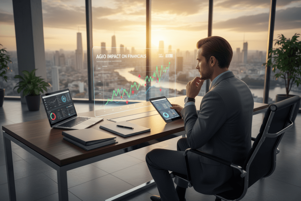 A professional financial advisor seated at a sleek modern desk, analyzing a digital chart displaying the impact of Agio on finances. In the foreground, the advisor, dressed in business attire, engages with a high-tech tablet. The middle ground features an elegant pile of financial documents and a laptop open to a financial software interface. The background reveals a stylish office with large windows showcasing a city skyline, basked in warm natural light, further emphasizing a sense of success and prosperity. The mood is focused and contemplative, highlighting the significance of understanding Agio in finance. The perspective is slightly angled to suggest depth, with soft shadows adding dimension to the scene.