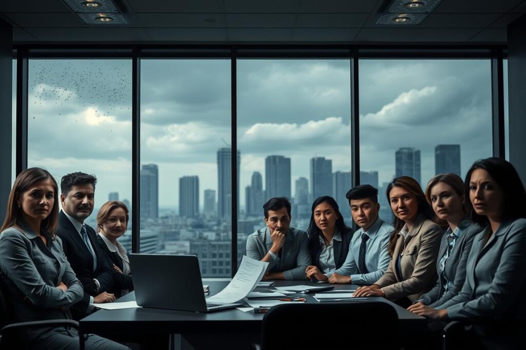 A professional office environment undergoing a visible economic downturn. In the foreground, a diverse group of employees in smart business attire, showing expressions of concern and uncertainty, gather around a conference table strewn with papers and a laptop. In the middle ground, a window reveals a cloudy sky with raindrops, symbolizing gloom and instability outside. The background features a large, dimly lit cityscape, where corporate buildings loom, hinting at the impact of the economic crisis. The color palette is muted, with shades of gray and blue conveying tension and worry. Soft, overhead lighting adds an oppressive atmosphere, enhancing the mood of anxiety about job security amidst the economic challenges being faced. A professional office environment undergoing a visible economic downturn. In the foreground, a diverse group of employees in smart business attire, showing expressions of concern and uncertainty, gather around a conference table strewn with papers and a laptop. In the middle ground, a window reveals a cloudy sky with raindrops, symbolizing gloom and instability outside. The background features a large, dimly lit cityscape, where corporate buildings loom, hinting at the impact of the economic crisis. The color palette is muted, with shades of gray and blue conveying tension and worry. Soft, overhead lighting adds an oppressive atmosphere, enhancing the mood of anxiety about job security amidst the economic challenges being faced.
