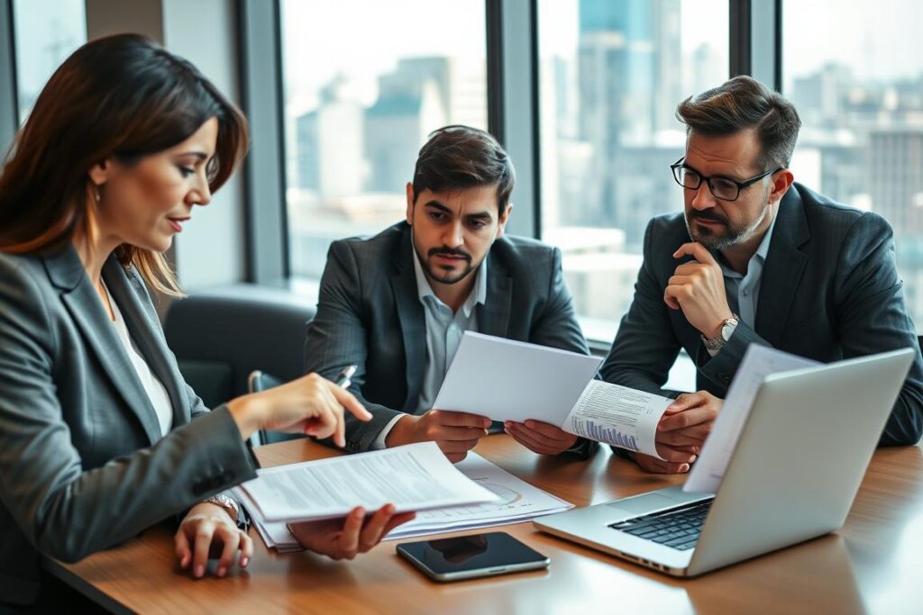 A professional office setting featuring a diverse group of businesspeople engaged in a discussion around a table, analyzing leasing contract requirements. In the foreground, a mid-aged woman in smart business attire points at a document, emphasizing key points about leasing prerequisites. The middle section shows two men, one making notes while the other looks thoughtful, closely examining a laptop showing financial graphs. The background contains a large window displaying a cityscape, with soft, natural lighting illuminating their focused expressions. The overall mood is collaborative and informative, capturing the essence of a productive business environment, ideal for visualizing the essential conditions for a leasing contract. The image should have a clear focus, with a professional and inspiring atmosphere.