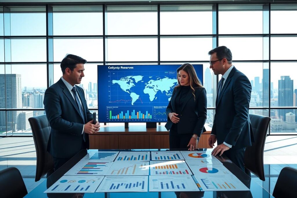 A professional office setting focused on financial stability. In the foreground, a diverse group of business professionals (two men and two women) in smart attire, engaged in a serious discussion over a large table filled with financial graphs and reports related to currency reserves. The middle ground features a large digital screen displaying colorful visualizations of global currency reserves, bar graphs, and pie charts. In the background, a wall of glass windows showcases a city skyline under a clear blue sky, allowing natural light to flood the room. The mood is collaborative and serious, highlighting the importance of currency reserves in maintaining financial stability. The image should be bright and well-lit, emphasizing professionalism and teamwork.