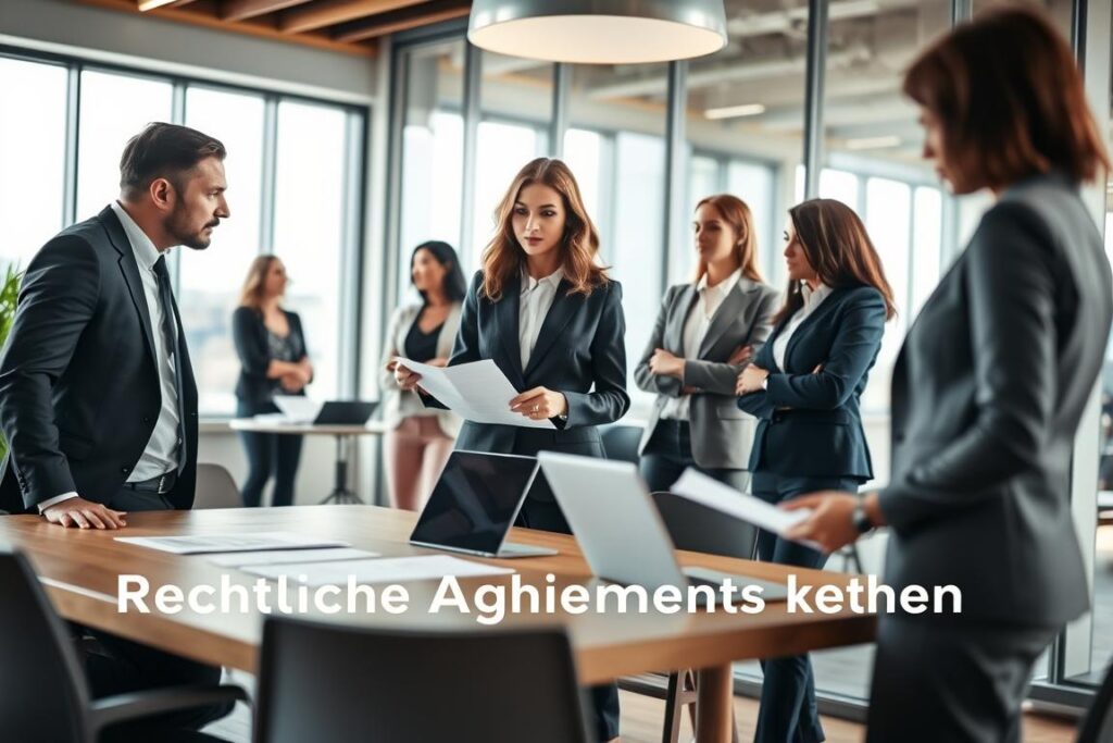 A professional office setting with a diverse group of individuals engaged in a discussion about legal requirements for direct selling. In the foreground, two business professionals in smart attire, one pointing to a document and the other taking notes, exemplifying a collaborative atmosphere. The middle section shows a conference table with legal papers and a laptop open, highlighting a focus on compliance. In the background, a modern office space with large windows letting in soft, natural light, creating a warm and inviting atmosphere. The scene conveys a mood of seriousness mixed with professionalism, suggesting the importance of understanding legal obligations in business. The image is well-lit, with a slight depth of field effect to enhance focus on the figures in conversation, capturing the essence of "Rechtliche Anforderungen beachten."