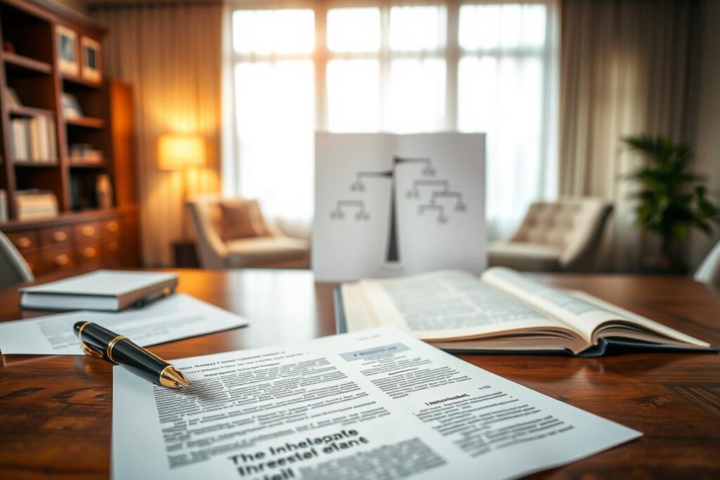 A professional setting focused on the concept of "Pflichtteil" in inheritance. In the foreground, a beautifully arranged wooden desk displays legal documents related to inheritance—pages filled with text and a fountain pen positioned elegantly beside them. The middle ground features a close-up of a family tree diagram, symbolizing generations and legacy, alongside an open family law book. The background includes a sophisticated office with large windows, letting in soft, natural light that creates a warm and inviting atmosphere. The overall mood is one of contemplation and seriousness, reflecting the complexity of legal and financial planning associated with inheritance.