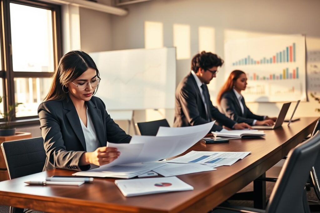 A professional workspace scene depicting a diverse team of business professionals preparing for an annual financial close. In the foreground, a focused woman in formal business attire examines financial documents on a sleek wooden desk, while a man nearby types on a laptop, both showing expressions of concentration. In the middle ground, a whiteboard is filled with financial charts and projected figures, hinting at strategic discussions. The background features a modern office environment with large windows allowing natural light to flood the space, casting soft shadows. The atmosphere is one of collaboration and diligence, with warm lighting to create an inviting yet serious mood. The image should capture the essence of financial preparation with clarity and professionalism.