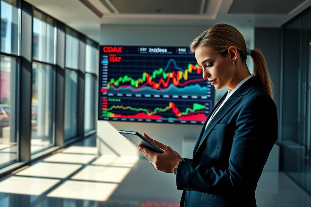 A sleek and modern office environment showcasing a digital display screen comparing various stock indices with a focus on the CDAX. In the foreground, an elegant business professional in smart attire analyzes data on a tablet, with charts and graphs reflecting trends. In the middle background, a large screen vividly presents colorful line graphs and bars representing the CDAX and other indices like DAX and MDAX, set against an ambient lighting that suggests a high-tech atmosphere. Natural sunlight streams through large windows, casting soft shadows that enhance the professional mood. The overall atmosphere is one of focus and innovation, capturing the essence of financial analysis in a contemporary workspace.
