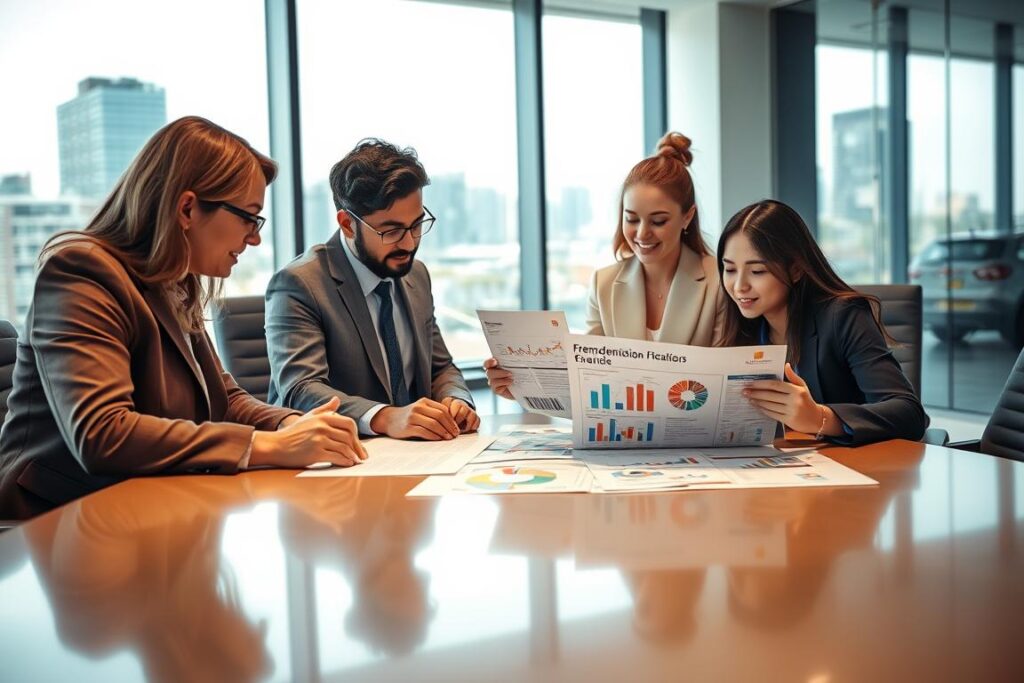 A sleek, modern office environment serves as the setting, with a polished conference table in the foreground. In the middle ground, a group of four diverse professionals, dressed in business attire, are intensely discussing a variety of colorful financial documents and charts related to "Fremdemission". Their expressions convey focus and collaboration. In the background, large windows let in natural light, creating a bright and optimistic atmosphere, with a cityscape visible outside, signifying economic activity. The camera angle captures the scene from a slightly elevated viewpoint, emphasizing the interaction among the professionals. The lighting is bright but soft, enhancing the professional and engaging mood.