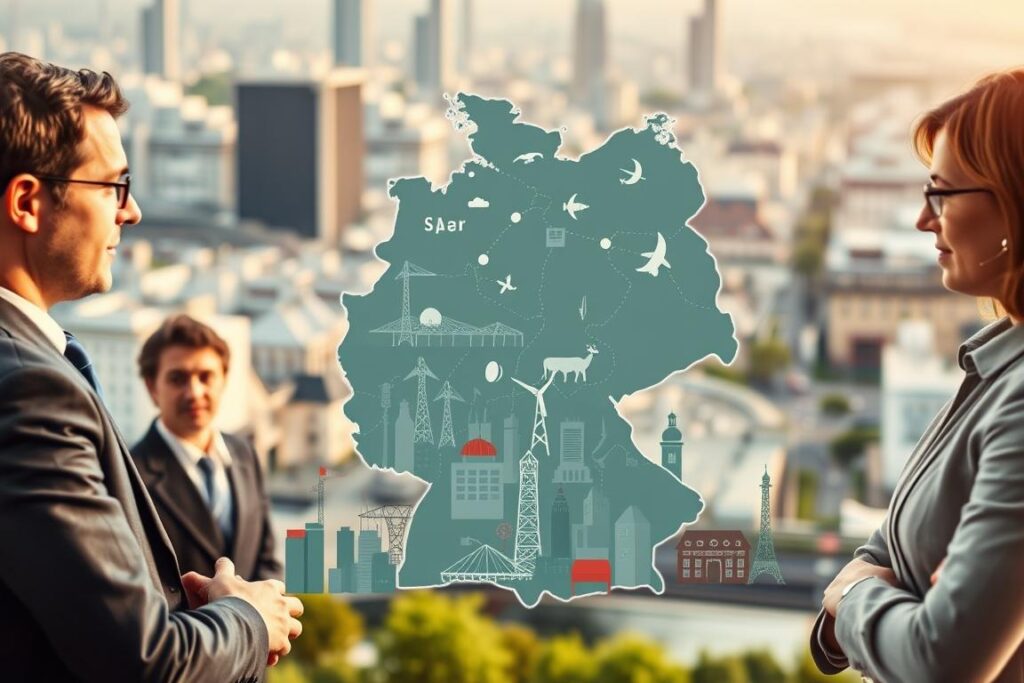 A visual representation of monopoly structures in Germany, highlighting economic influence on everyday finances. In the foreground, depict diverse professionals in business attire engaged in discussions around a large map of Germany, emphasizing major sectors affected by monopolies like telecommunications and energy. The middle ground features iconic German landmarks blended with symbols of various industries, such as energy grids, communications towers, and retail shops, illustrating their impact on daily life. The background shows a bustling urban landscape under soft, natural lighting, with a slight depth of field to draw attention to the professionals in the foreground. The mood is serious yet informative, evoking a sense of connection between economic structures and personal finance.