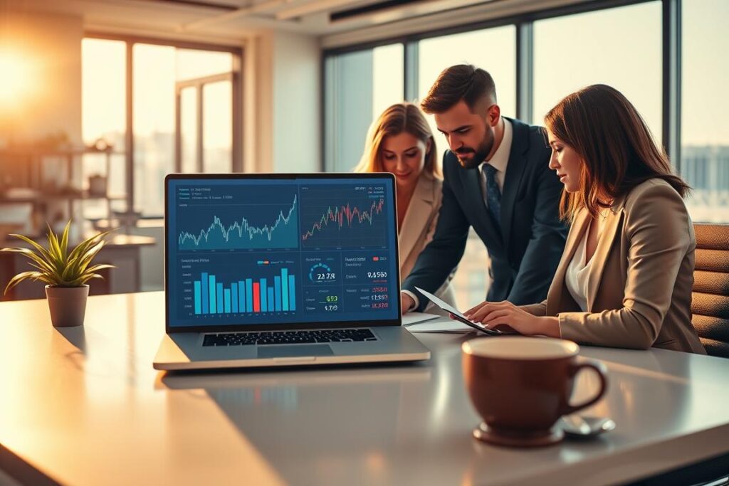 A visually engaging and informative representation highlighting the impact of the Euribor interest rate on personal finances. In the foreground, show a diverse group of three professionals in business attire, analyzing financial charts and graphs on a sleek modern desk. In the middle ground, depict a laptop displaying fluctuating graphs and numbers, symbolizing the changing Euribor rates. The background features a stylish office environment with large windows, allowing warm natural light to flood the space, creating a bright and optimistic atmosphere. Add subtle elements like a potted plant and a coffee cup to enhance the sense of productivity. Capture the scene from a slightly elevated angle, focusing on the interaction between the professionals and the data, evoking a mood of determination and financial awareness. A visually engaging and informative representation highlighting the impact of the Euribor interest rate on personal finances. In the foreground, show a diverse group of three professionals in business attire, analyzing financial charts and graphs on a sleek modern desk. In the middle ground, depict a laptop displaying fluctuating graphs and numbers, symbolizing the changing Euribor rates. The background features a stylish office environment with large windows, allowing warm natural light to flood the space, creating a bright and optimistic atmosphere. Add subtle elements like a potted plant and a coffee cup to enhance the sense of productivity. Capture the scene from a slightly elevated angle, focusing on the interaction between the professionals and the data, evoking a mood of determination and financial awareness.